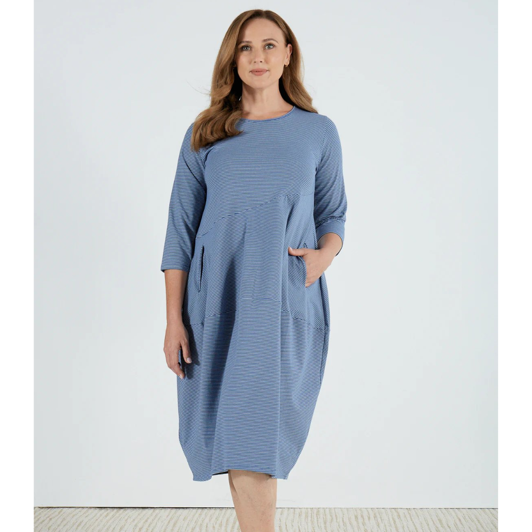 Tirelli Diagonal Seam Dress Light Blue Stripe - Brenda Muir Ladieswear