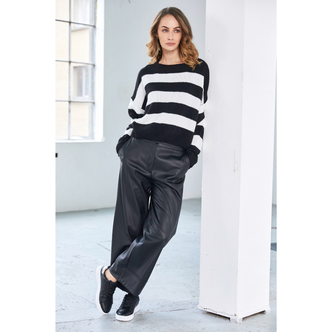 Naya Wide Leg Leatherette Trouser with Band on Hem