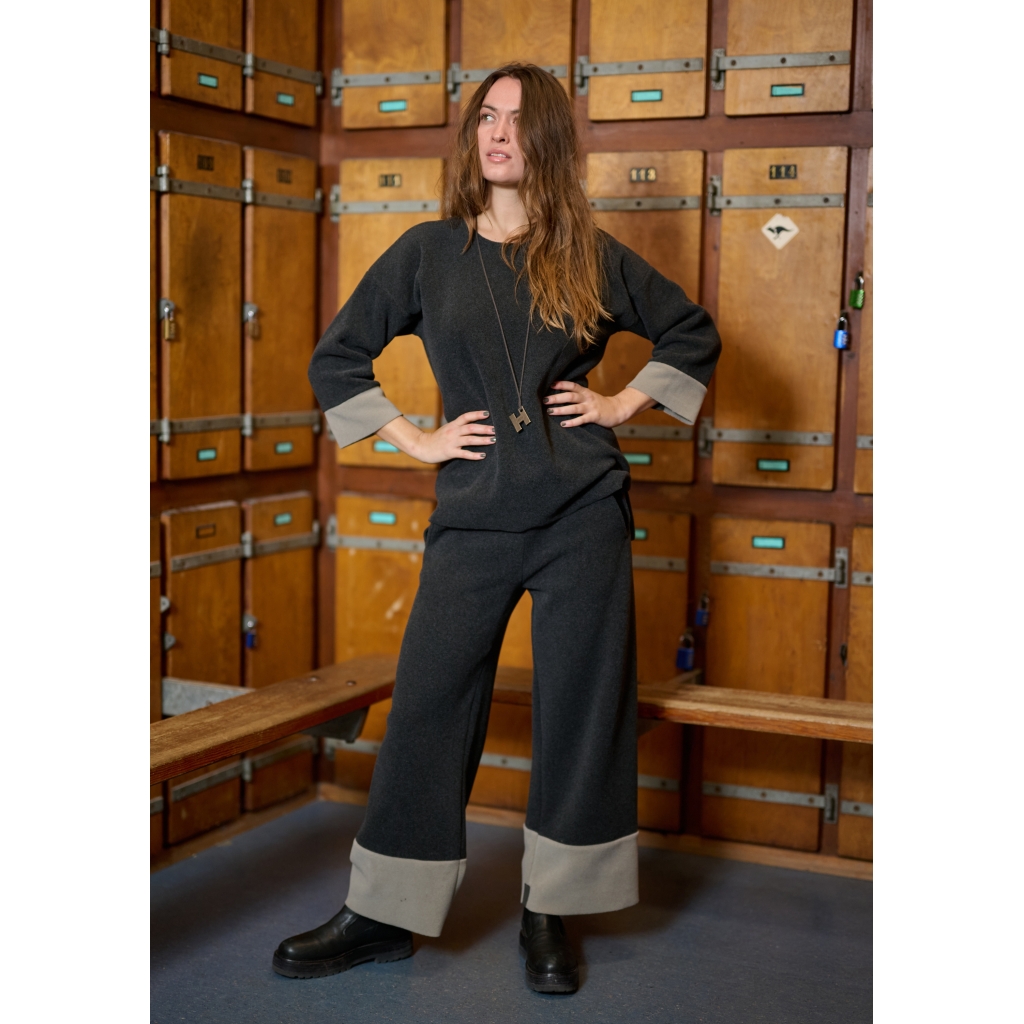 Henriette Steffensen Flare Trousers In Soft Black And Elephant - Image 2