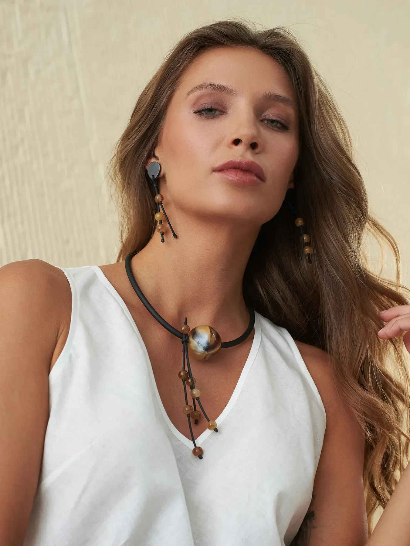 Indira Buffalo Horn And Resin Bead Earrings In Taupe and Black - Image 3