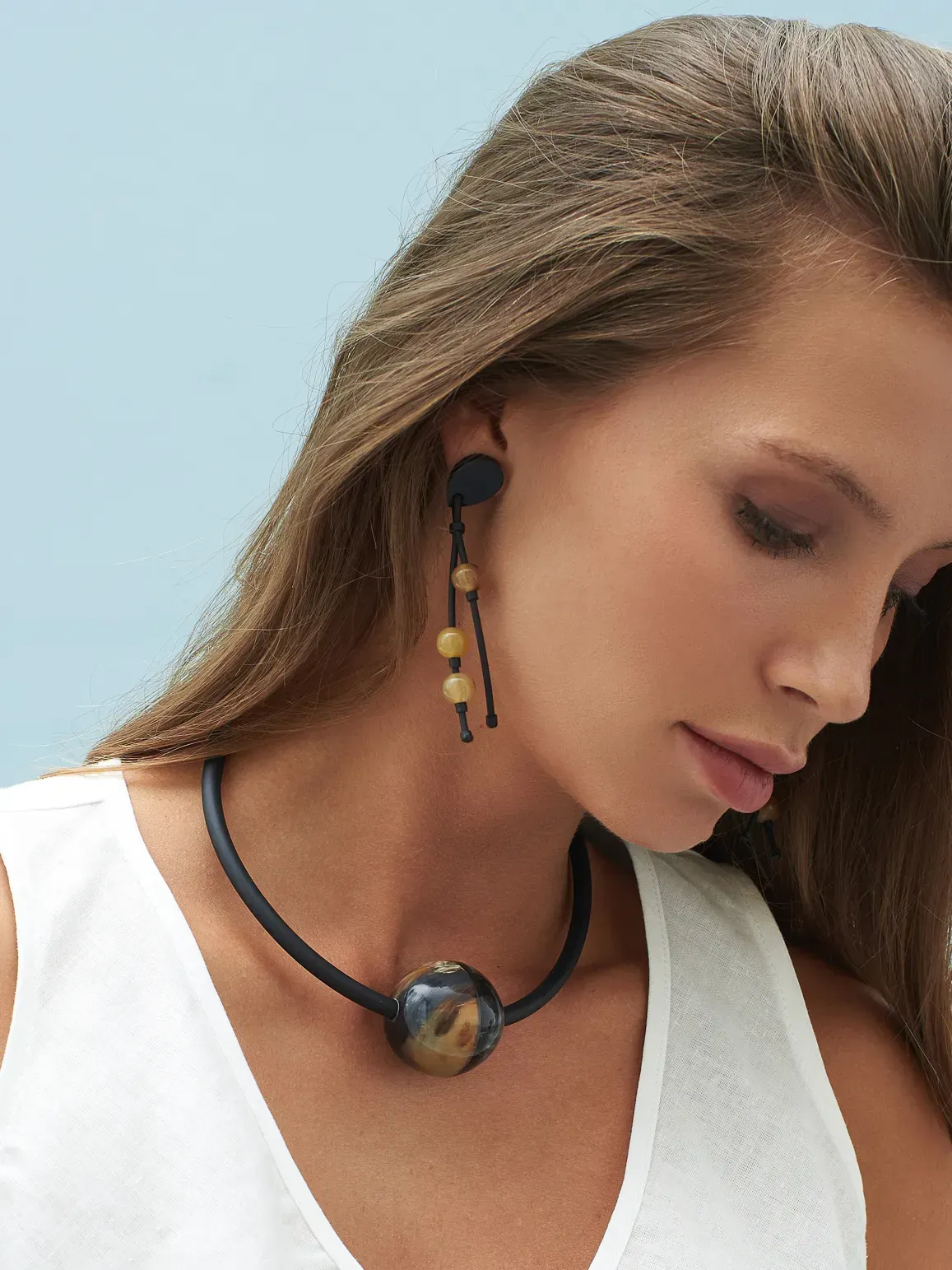 Indira Buffalo Horn And Resin Bead Earrings In Taupe and Black - Image 4