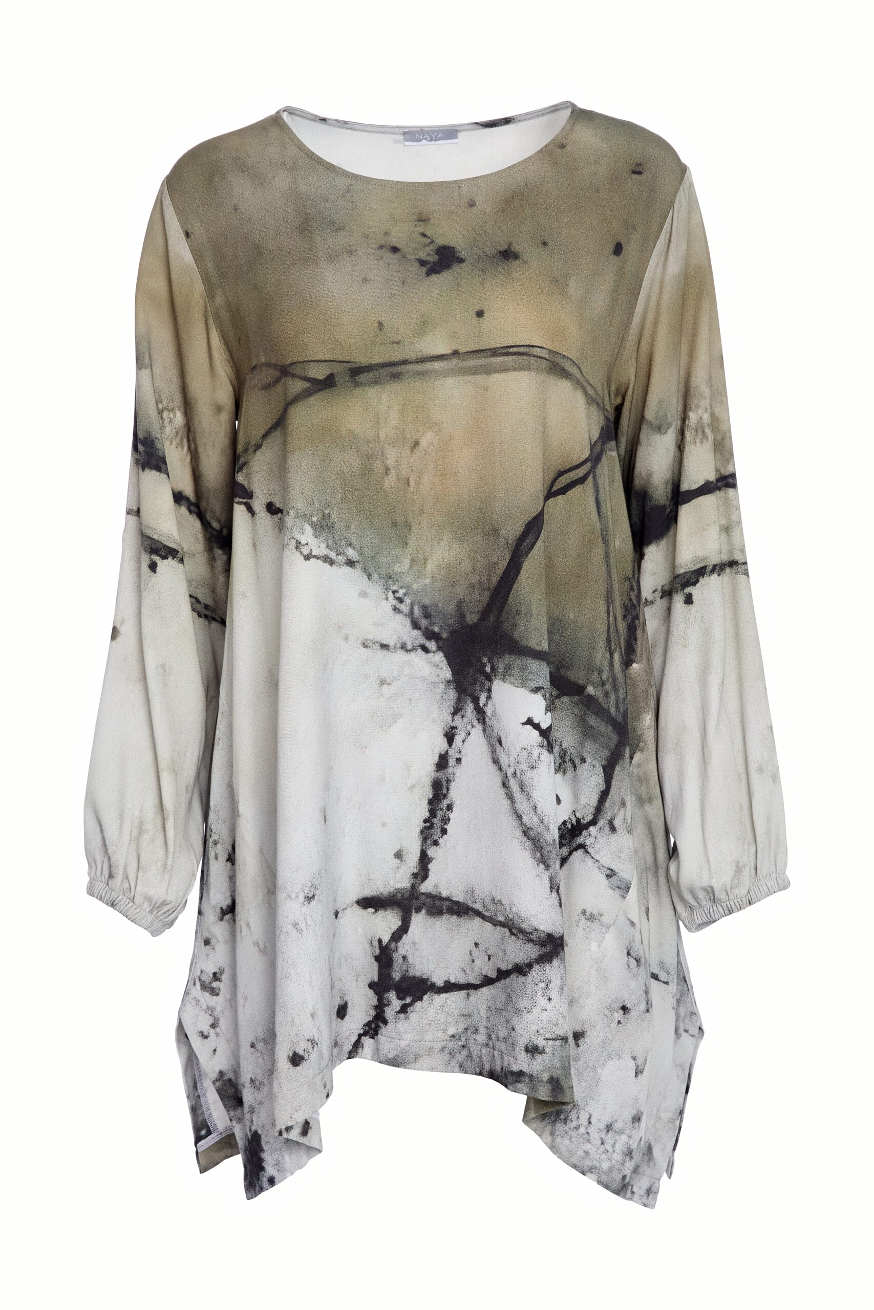 Naya Abstract Print Two Tone Round Neck Top In Moss - Image 6