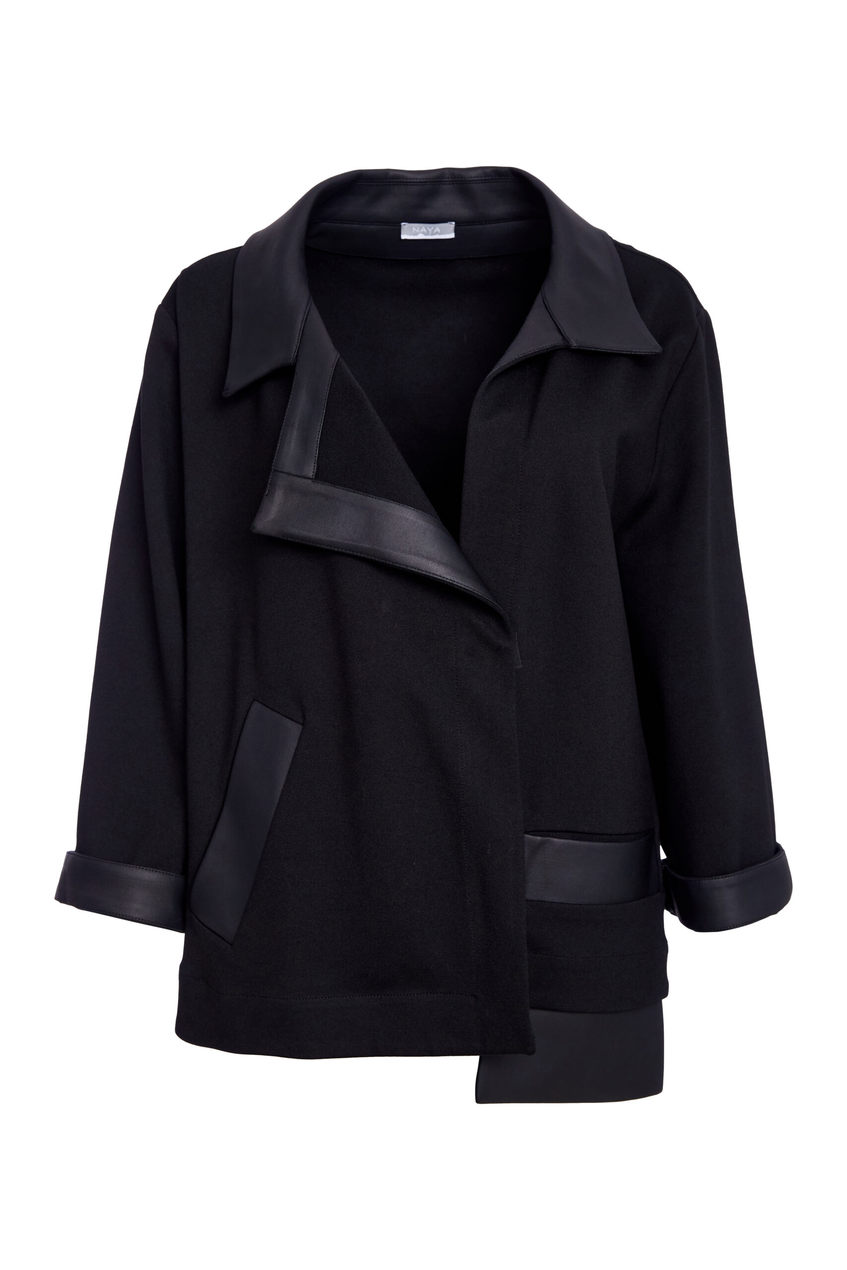 Naya Wrap Jacket With Leatherette Collar And Band And Pocket Flap In Black - Image 3