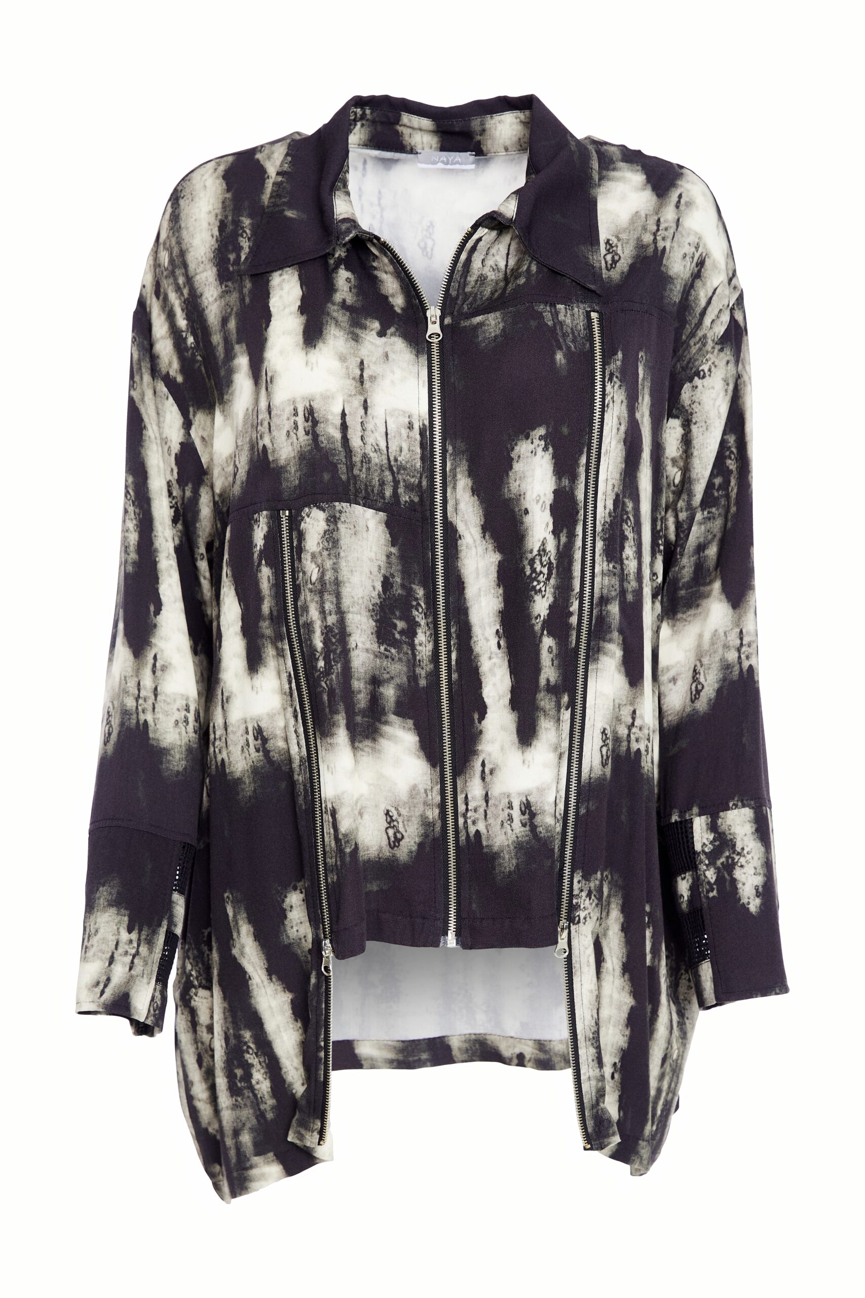 Naya Print Shirt/Jacket With Uneven Hem And Zip Trims In Black/Butter - Image 3