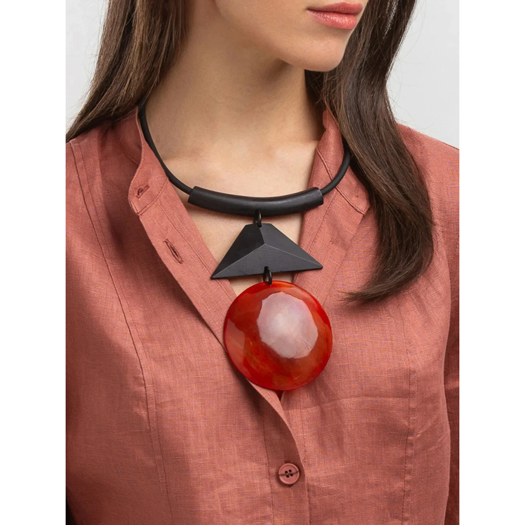 Indira Dyed Horn And Mango Wood Necklace In Orange And Black