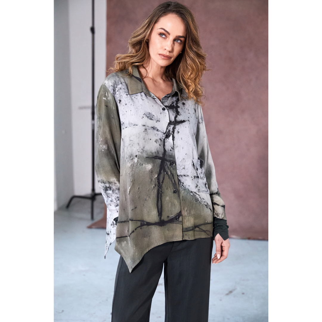Naya Abstract Two Tone Print Shirt With Pocket Detail In Moss
