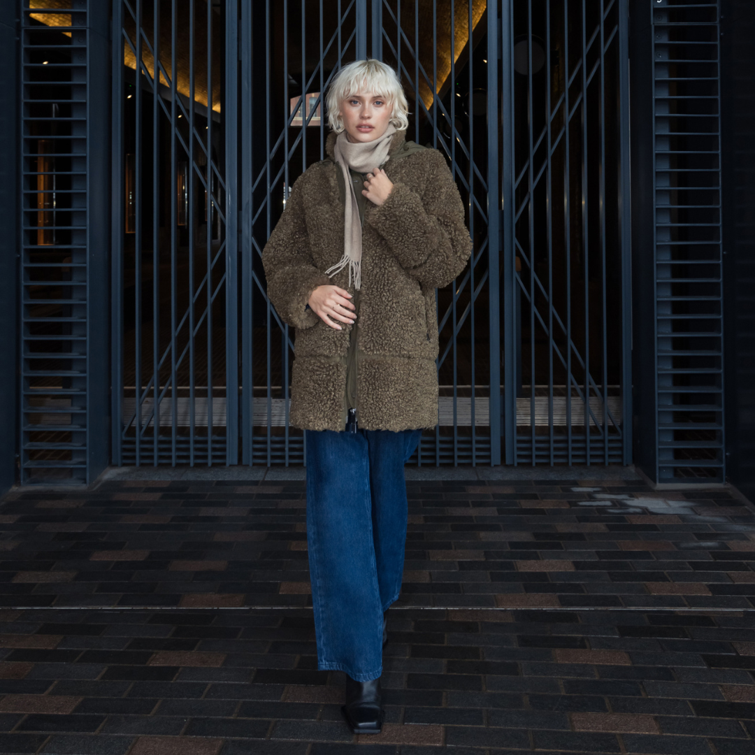 Vegancode Long Boucle Jacket In Khaki