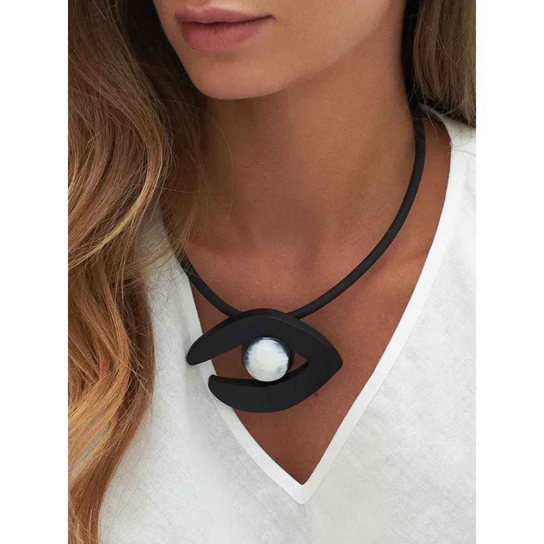 Indira Mango Wood And Buffalo Horn Necklace With Grey Bead