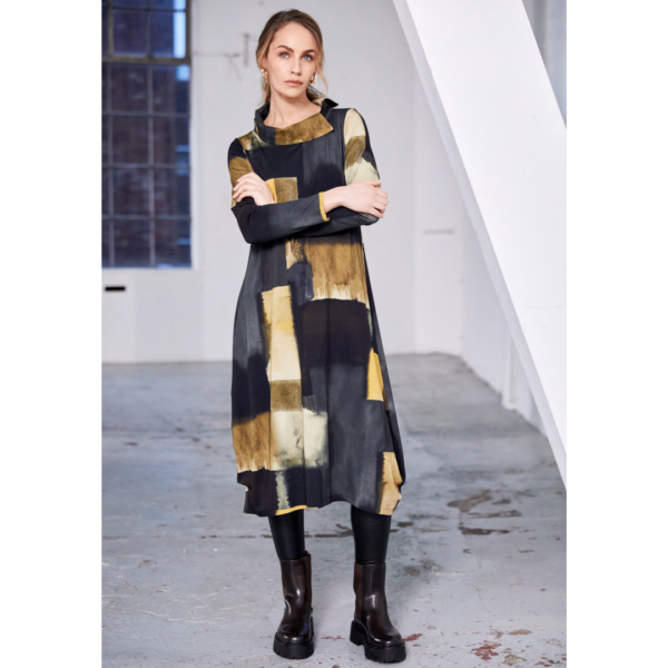 Naya Jersey Print Dress With Cut Away Collar And Ruched Side Panel In Black/Saffron