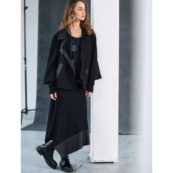 Naya Wrap Jacket With Leatherette Collar And Band And Pocket Flap In Black