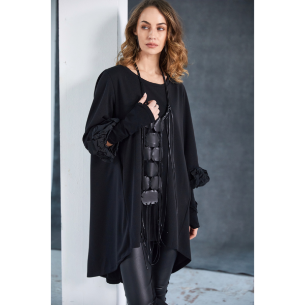 Naya Curved Hemline Tunic Top With Contrast Ruched Cuff In Black