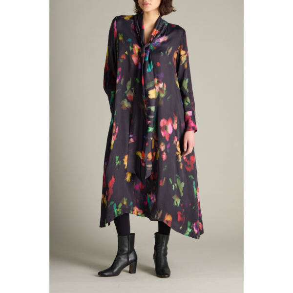 Sahara Abstract Painterly Floral Tie Neck Dress In Multi