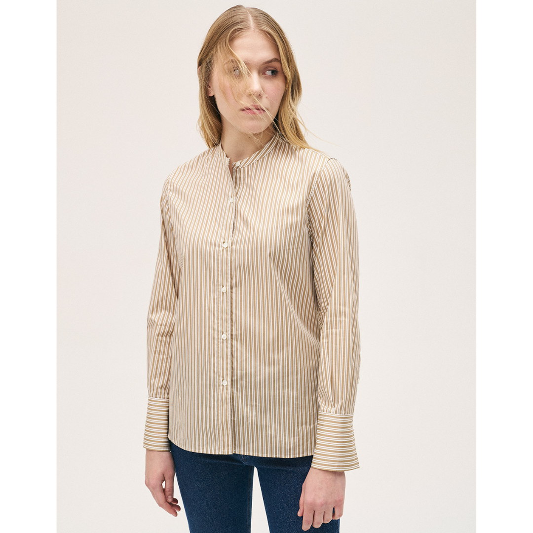 Rosso35 Long Sleeve Mandarin Collar Shirt In Camel