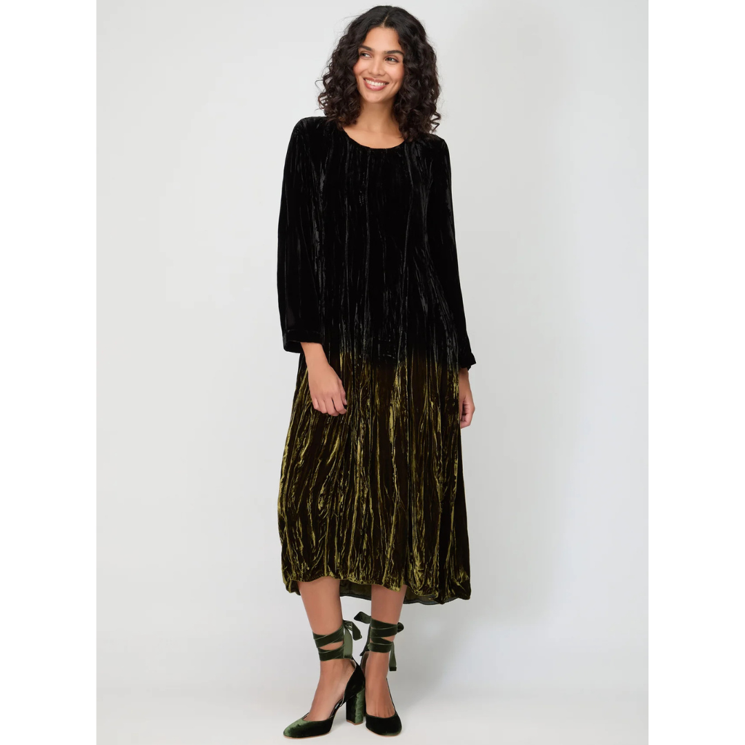 Grizas Long Sleeved Crinkle Velvet Dress In Black/Green