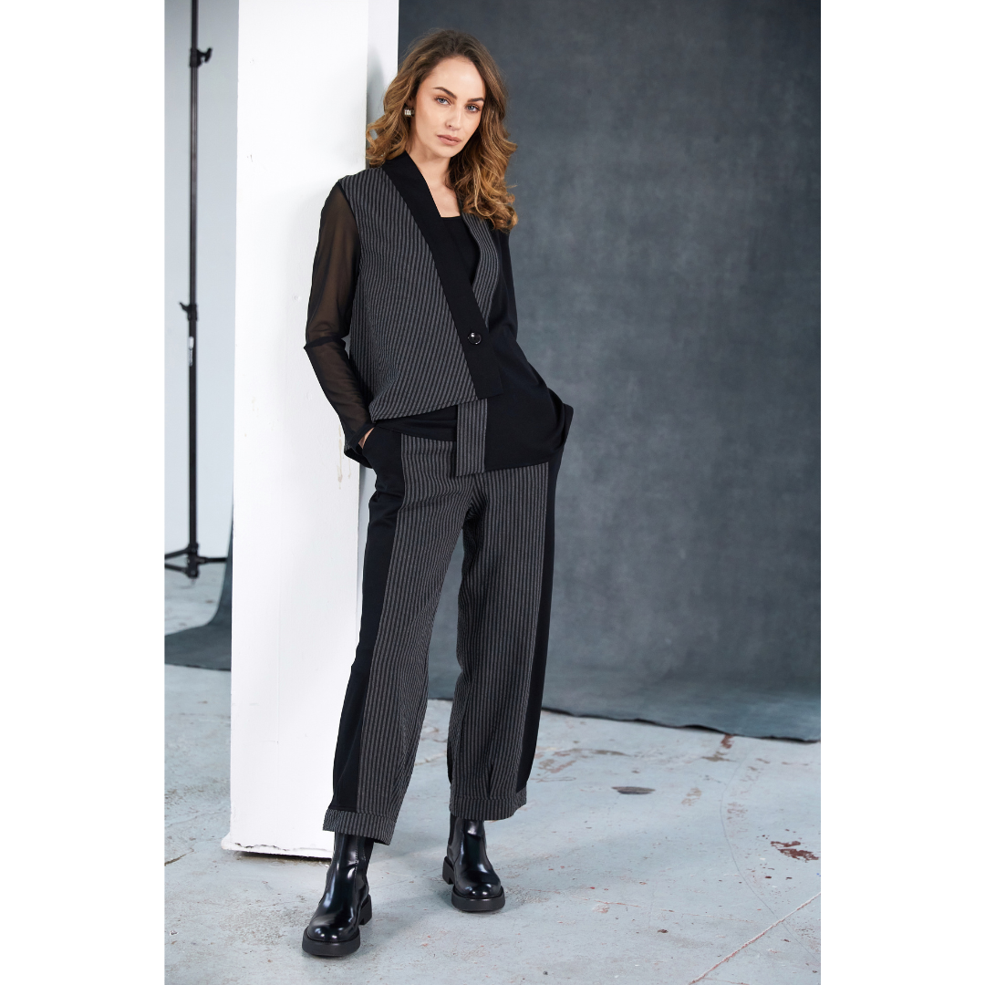 Naya Stripped Trouser With Contrast Side Panels And Hem Cuff In Black/Grey