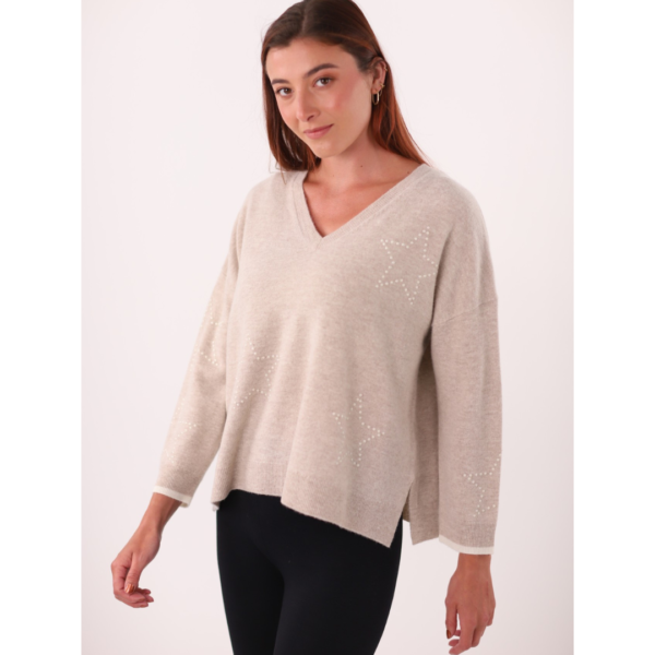 Maud and Sasha V Neck Sweater with Pearl Stars in Sable