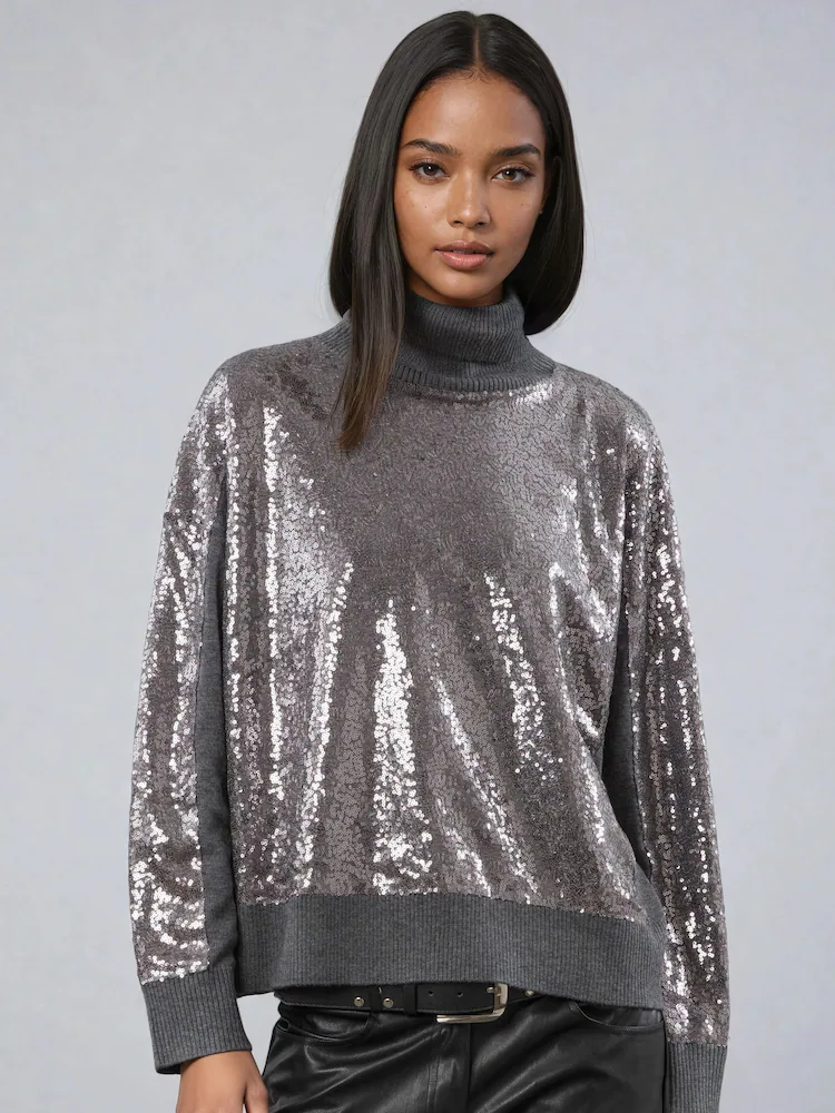 Religion Hailey Turtleneck Grey Marl Sequin Sweater - Image 3