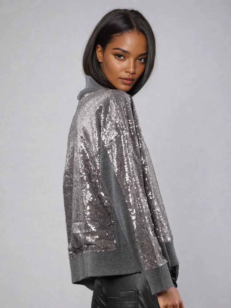Religion Hailey Turtleneck Grey Marl Sequin Sweater - Image 4