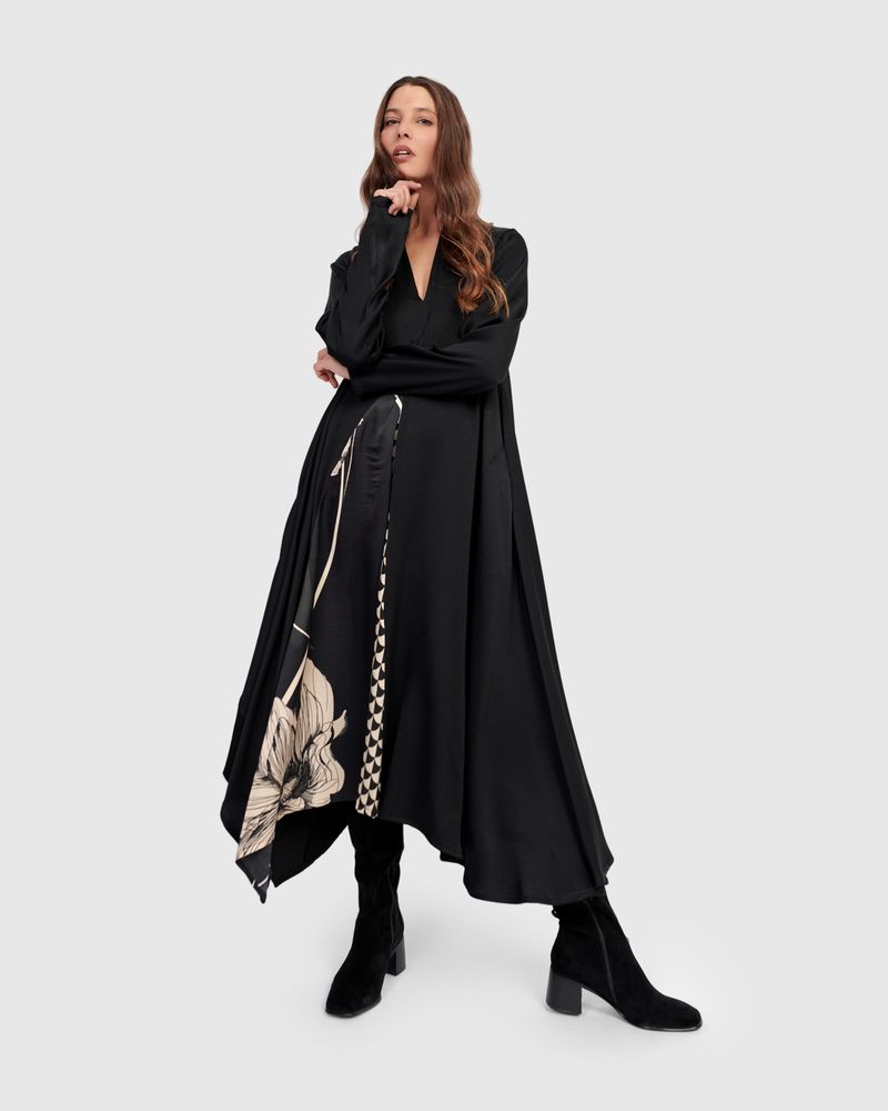 Alembika Black Print Silky V Neck A Line Dress - Image 10