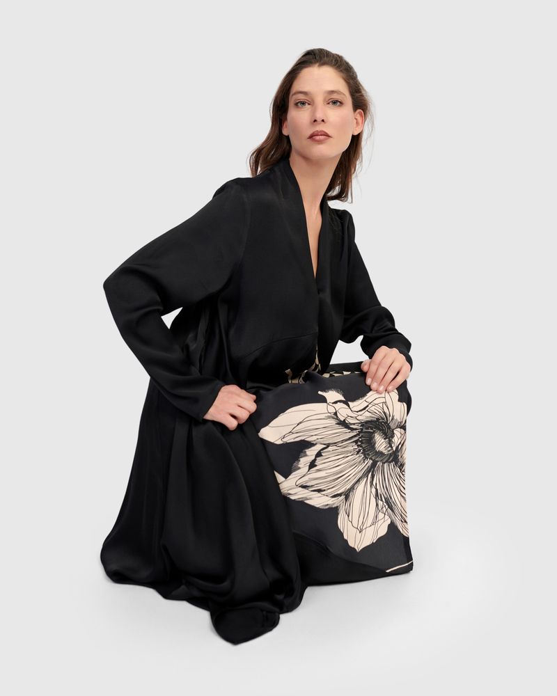 Alembika Black Print Silky V Neck A Line Dress - Image 3