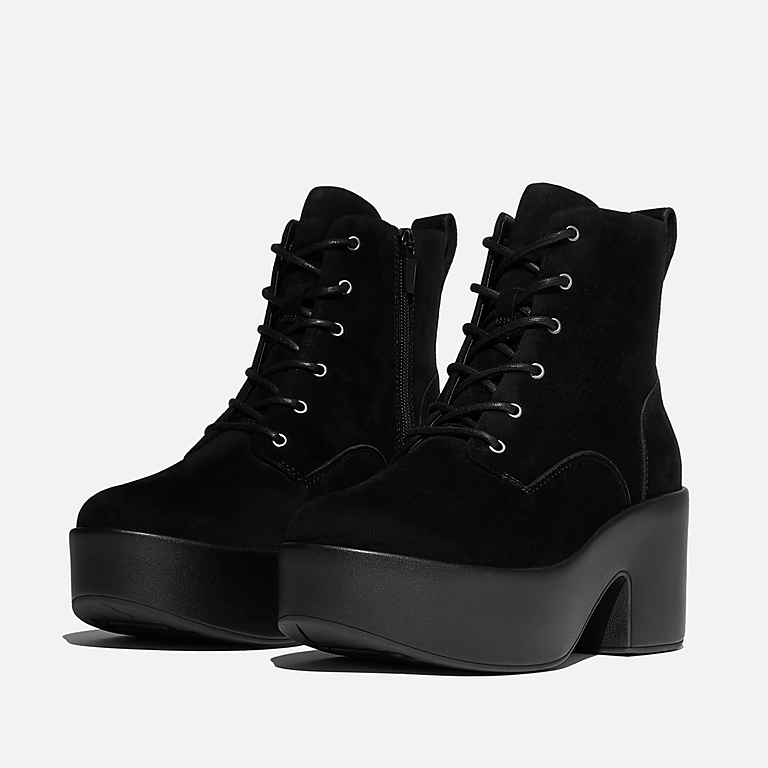 Fitflop Platform Suede Heeled Lace-Up Boots In Black - Image 2