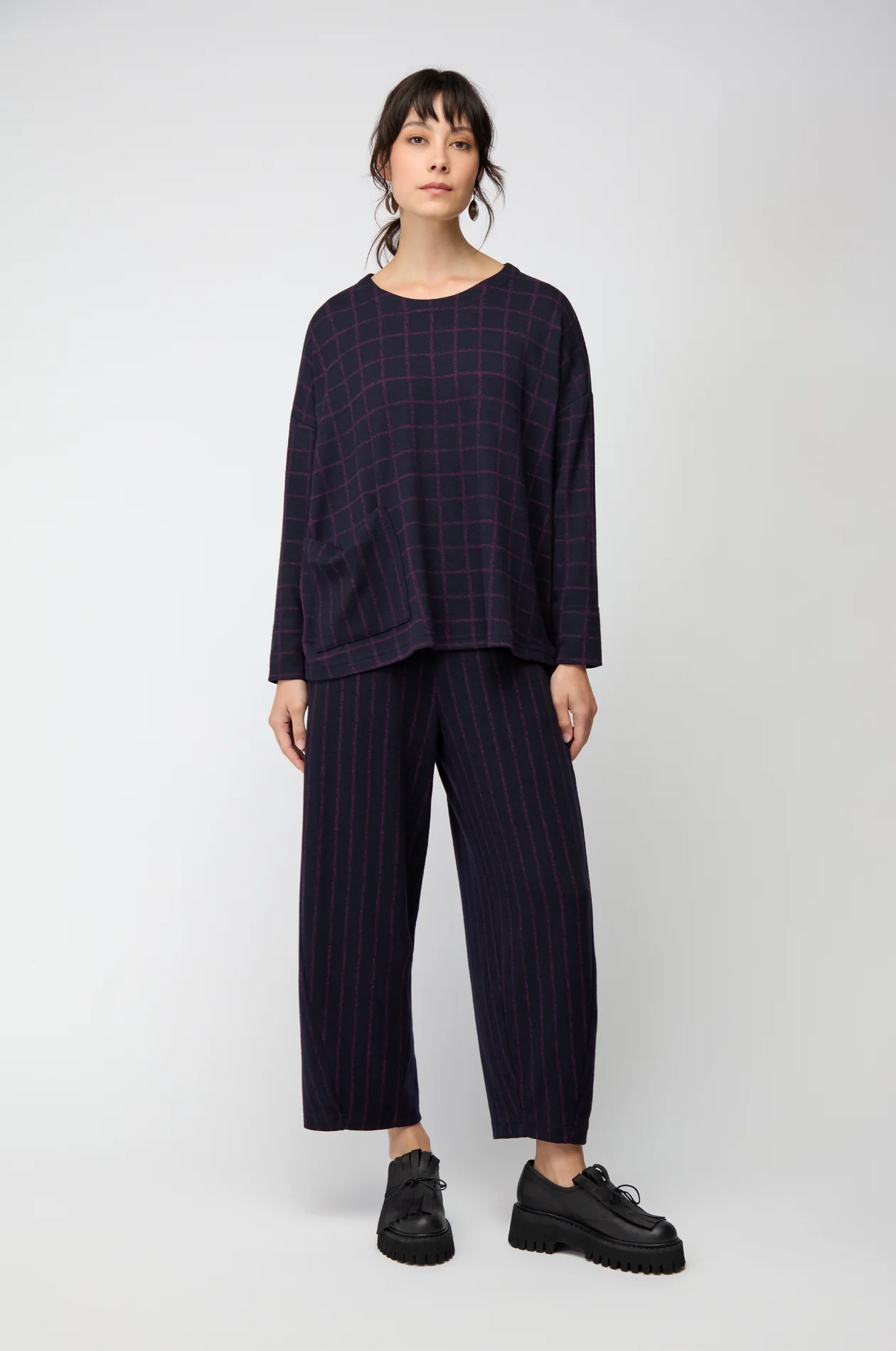 Sahara Small Broken Check And Stripe Boxy top In Night/Plum - Image 4