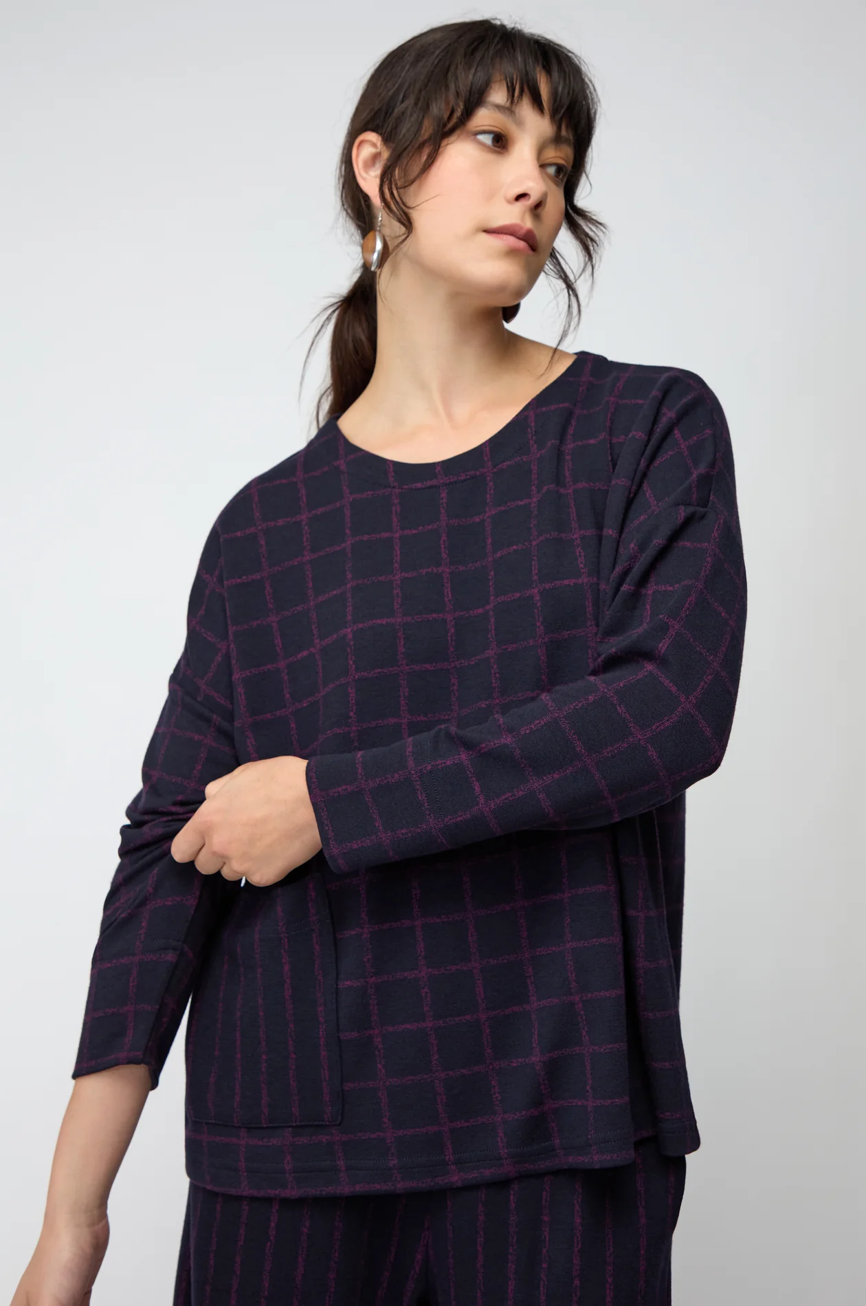 Sahara Small Broken Check And Stripe Boxy top In Night/Plum - Image 3