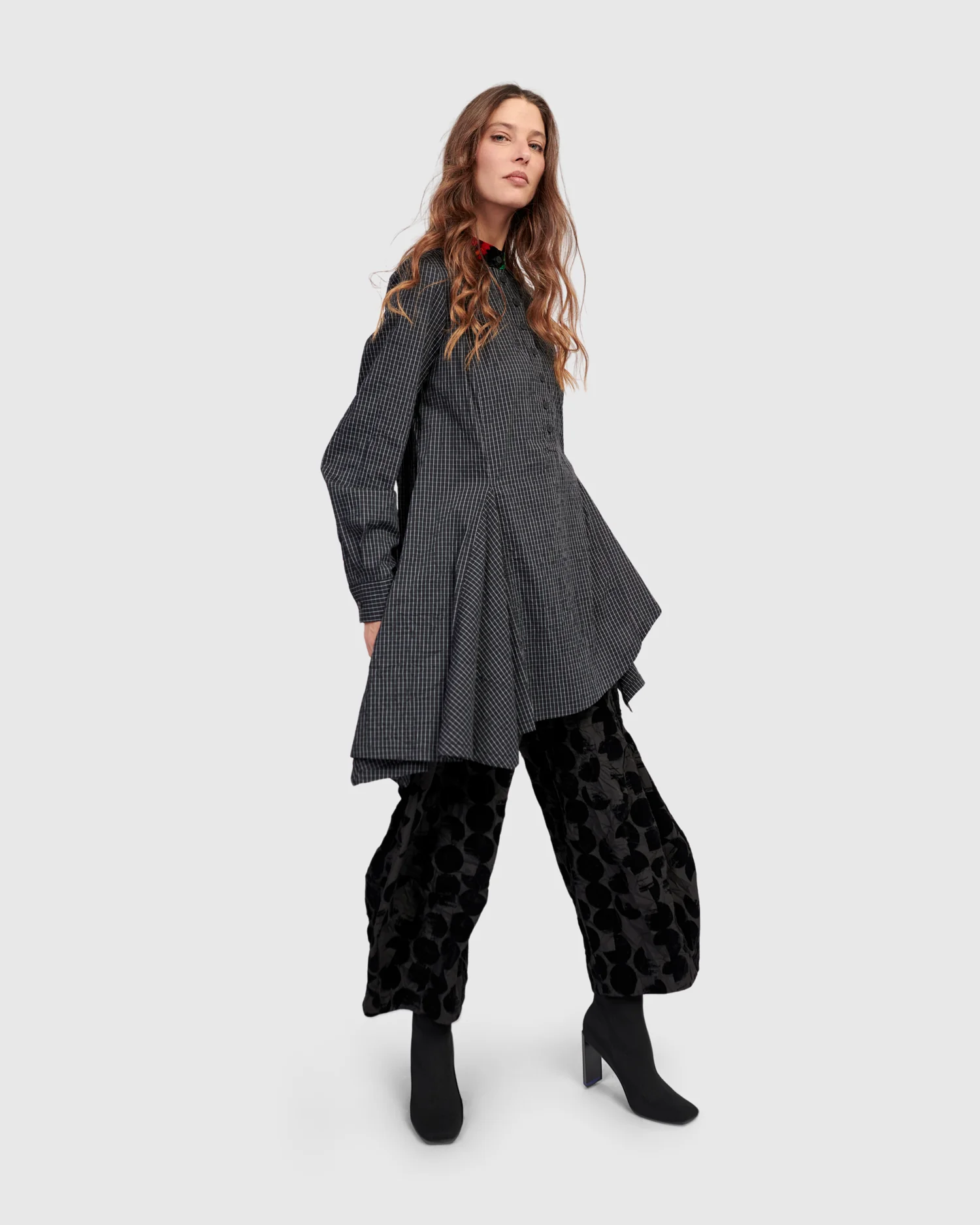 Alembika Tunic Pinstripe Grid With Velvet Print Collar - Image 5