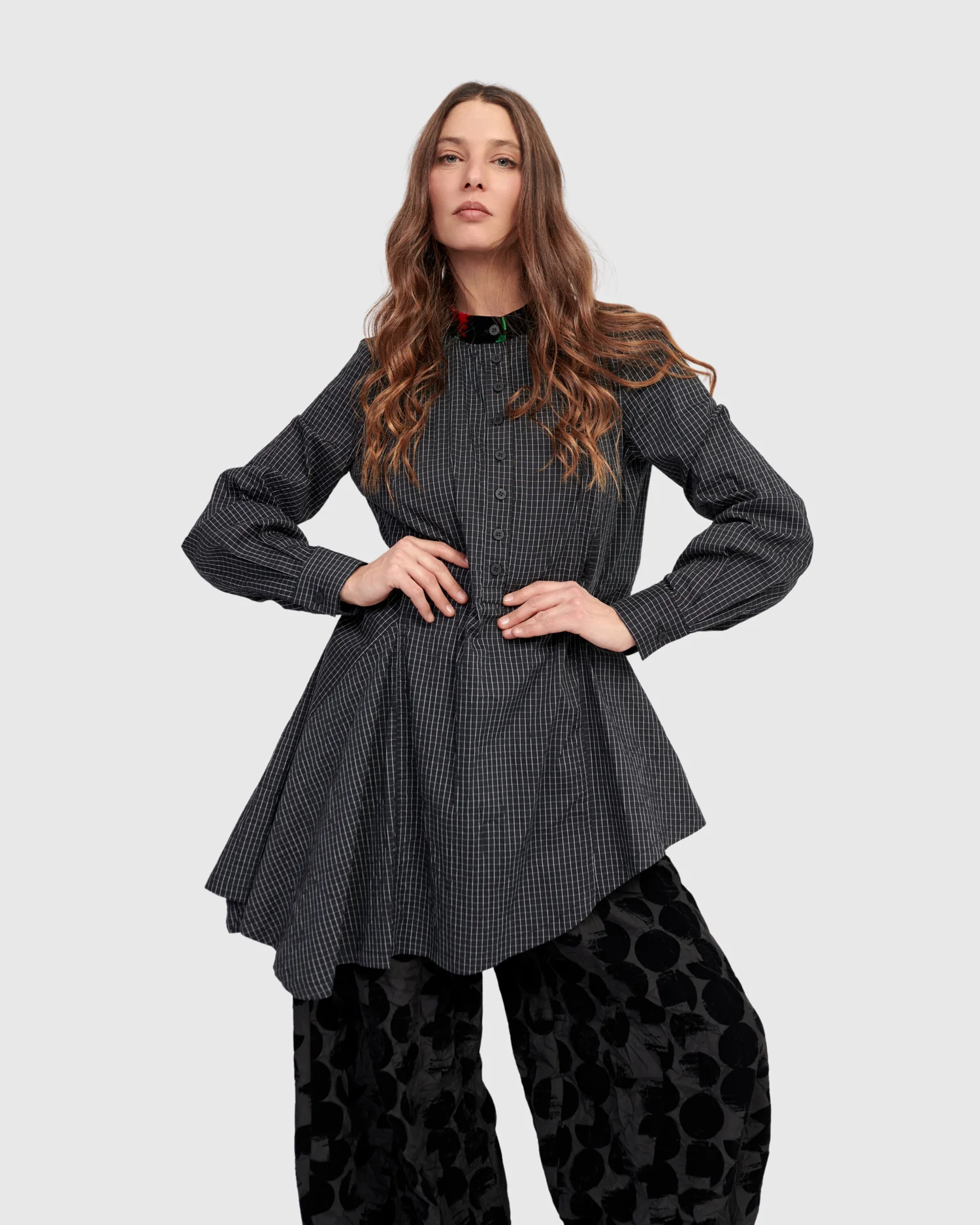 Alembika Tunic Pinstripe Grid With Velvet Print Collar - Image 2