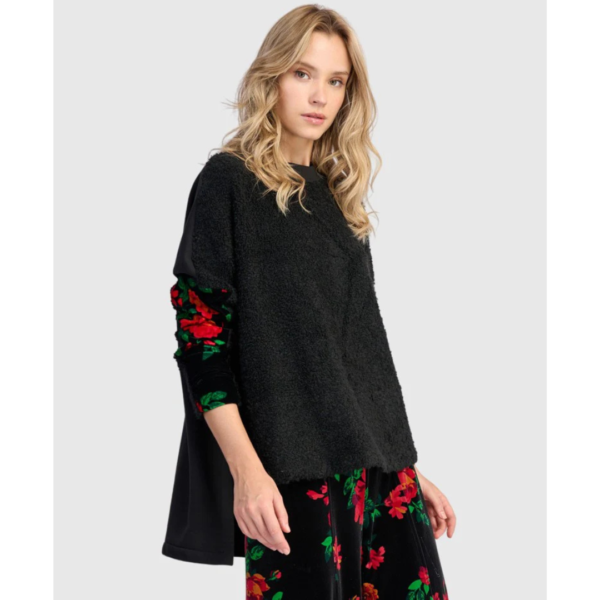 Alembika Black Boucle Top Velvet Print Sleeves
