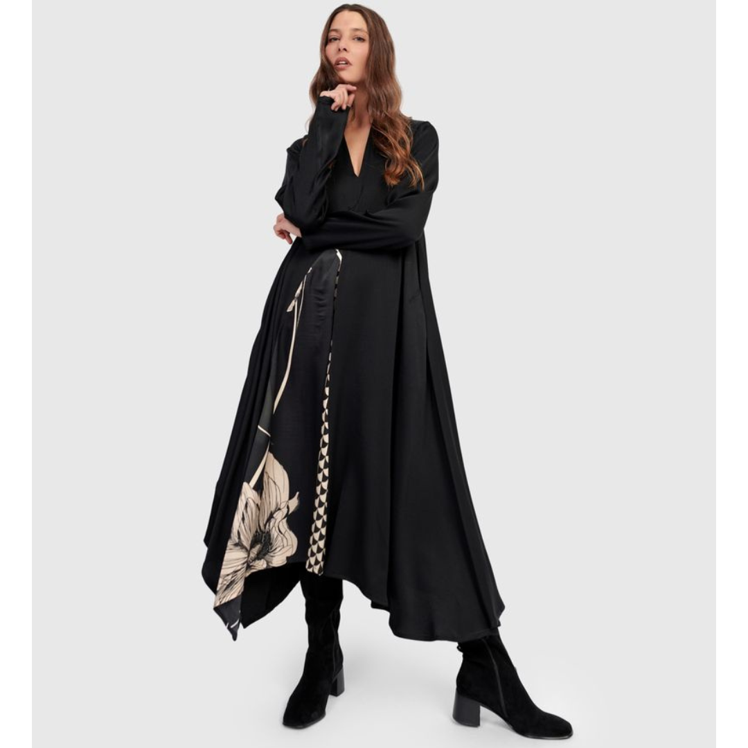 Alembika Black Print Silky V Neck A Line Dress