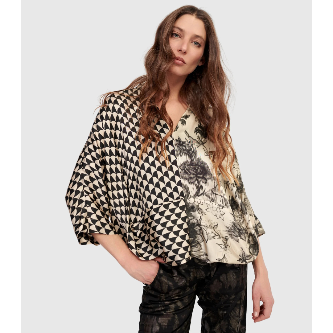 Alembika Black and Ivory Multi Print Top