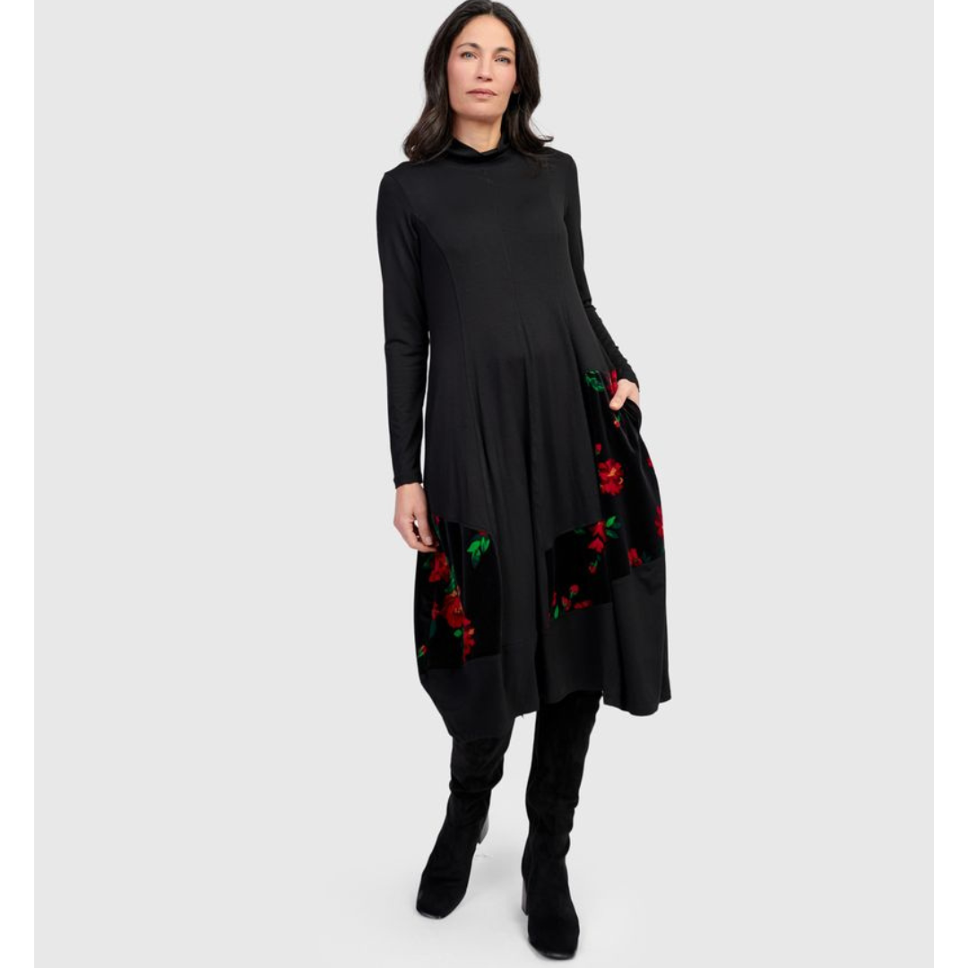 Alembika Black Jersey High Neck Bubble Dress With Velvet Print Side Panels