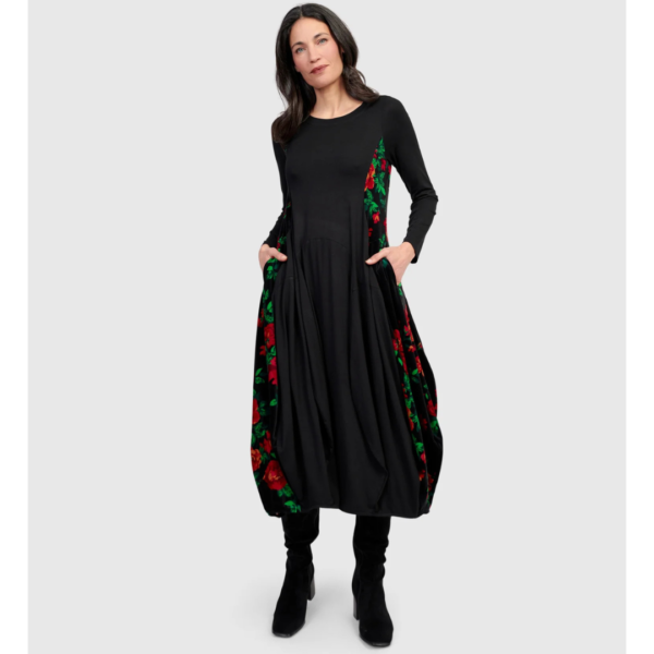 Alembika Black Jersey Bubble Dress With Velvet Print Side Panels