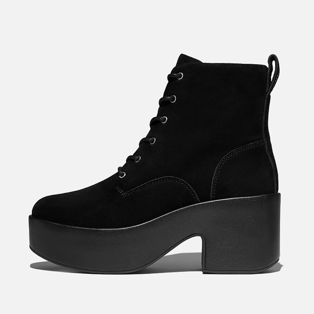 Fitflop Platform Suede Heeled Lace-Up Boots In Black