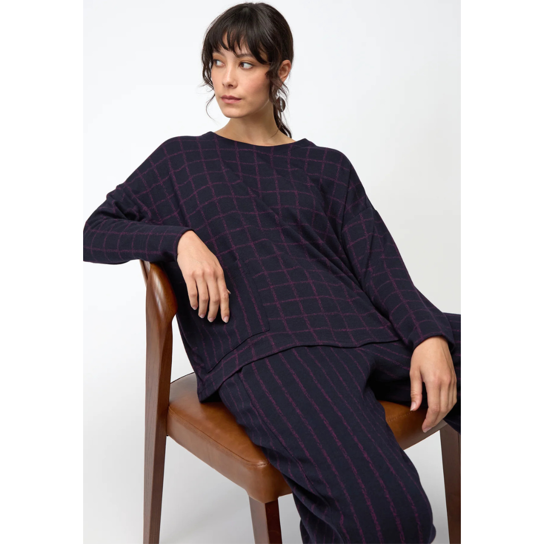 Sahara Small Broken Check And Stripe Boxy top In Night/Plum