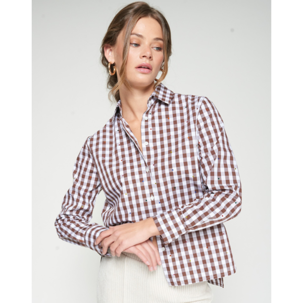 Vilagallo Checked Shirt In Chocolate With Crystals
