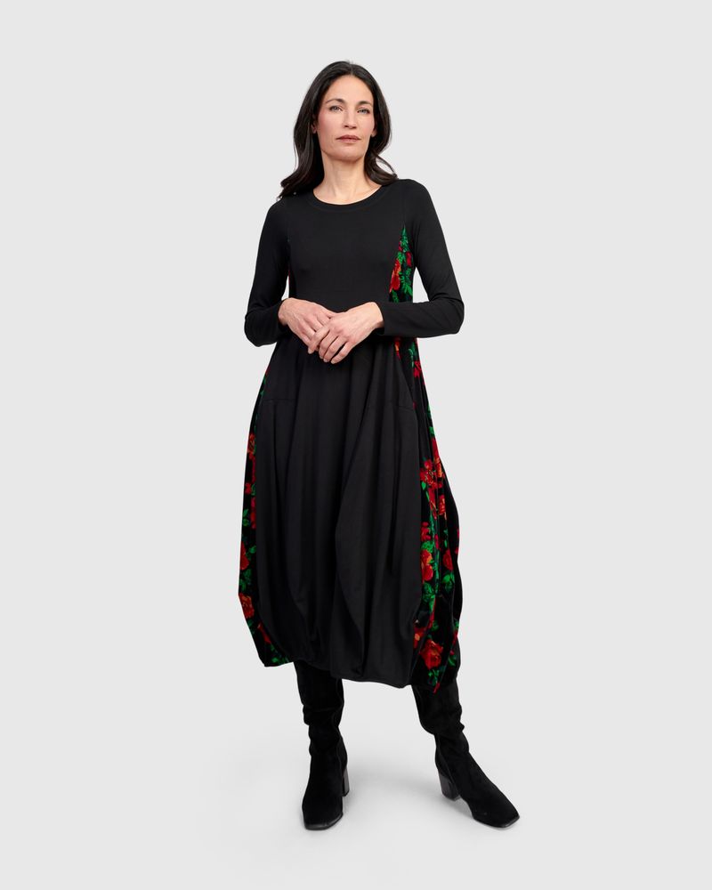 Alembika Black Jersey High Neck Bubble Dress With Velvet Print Side Panels - Image 4