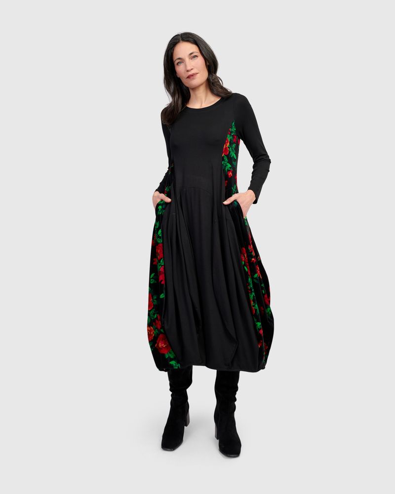 Alembika Black Jersey High Neck Bubble Dress With Velvet Print Side Panels - Image 3