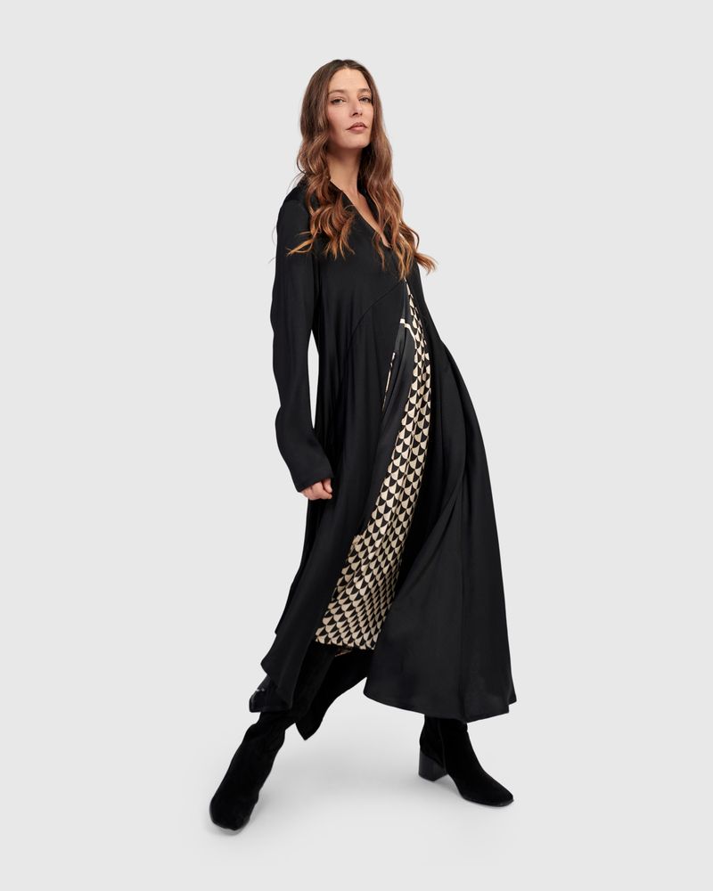 Alembika Black Print Silky V Neck A Line Dress - Image 8