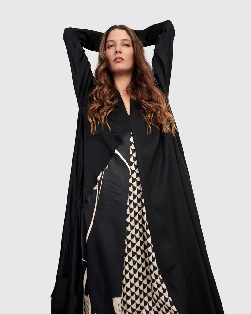 Alembika Black Print Silky V Neck A Line Dress - Image 2