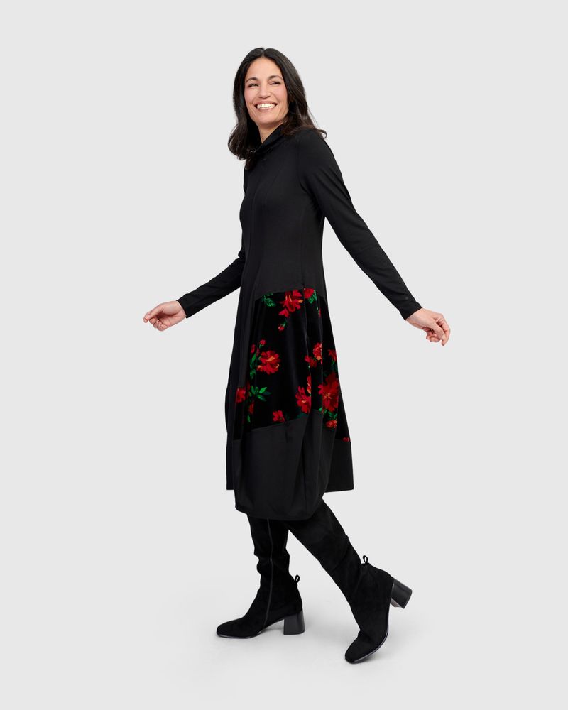 Alembika Black Jersey High Neck Bubble Dress With Velvet Print Side Panels - Image 12