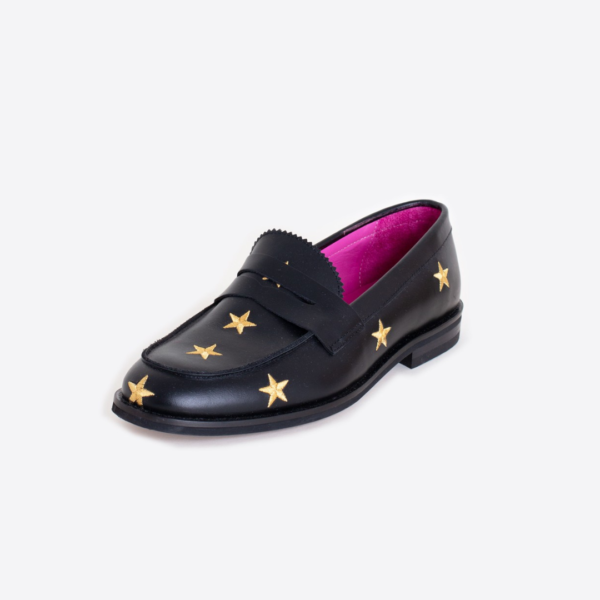 Vilagallo Moccasin Loafer In Black With Gold Stars