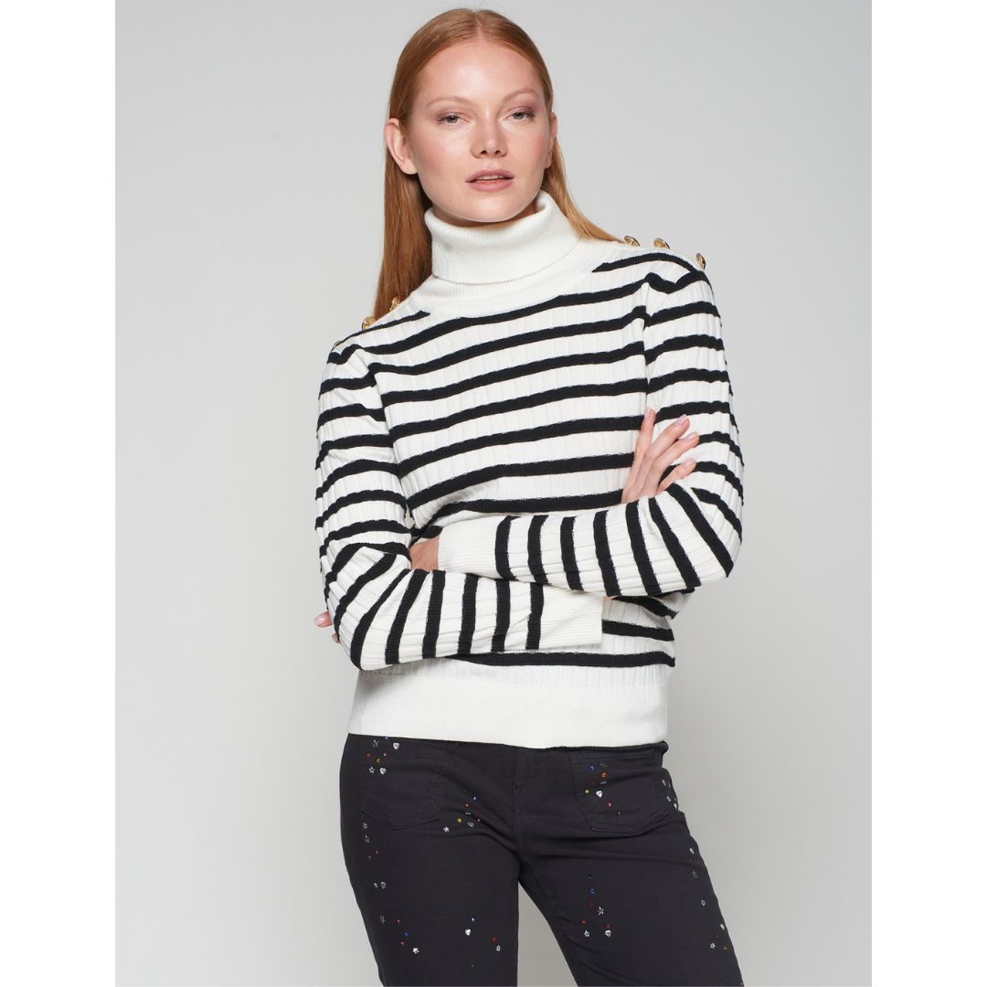 Vilagallo Ecru and Black Stripe Sweater With Buttons