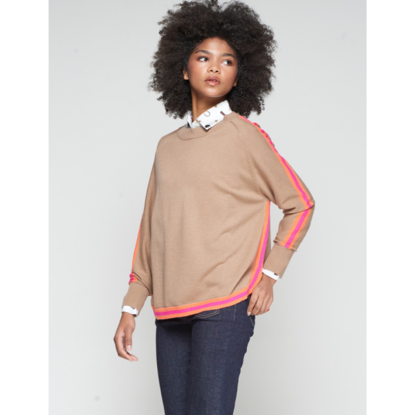 Vilagallo Camel Jumper with Pink/Orange Stripe