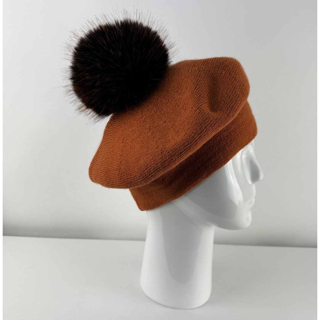 Rabionek Wool Beret With Pom Pom In Burnt Orange