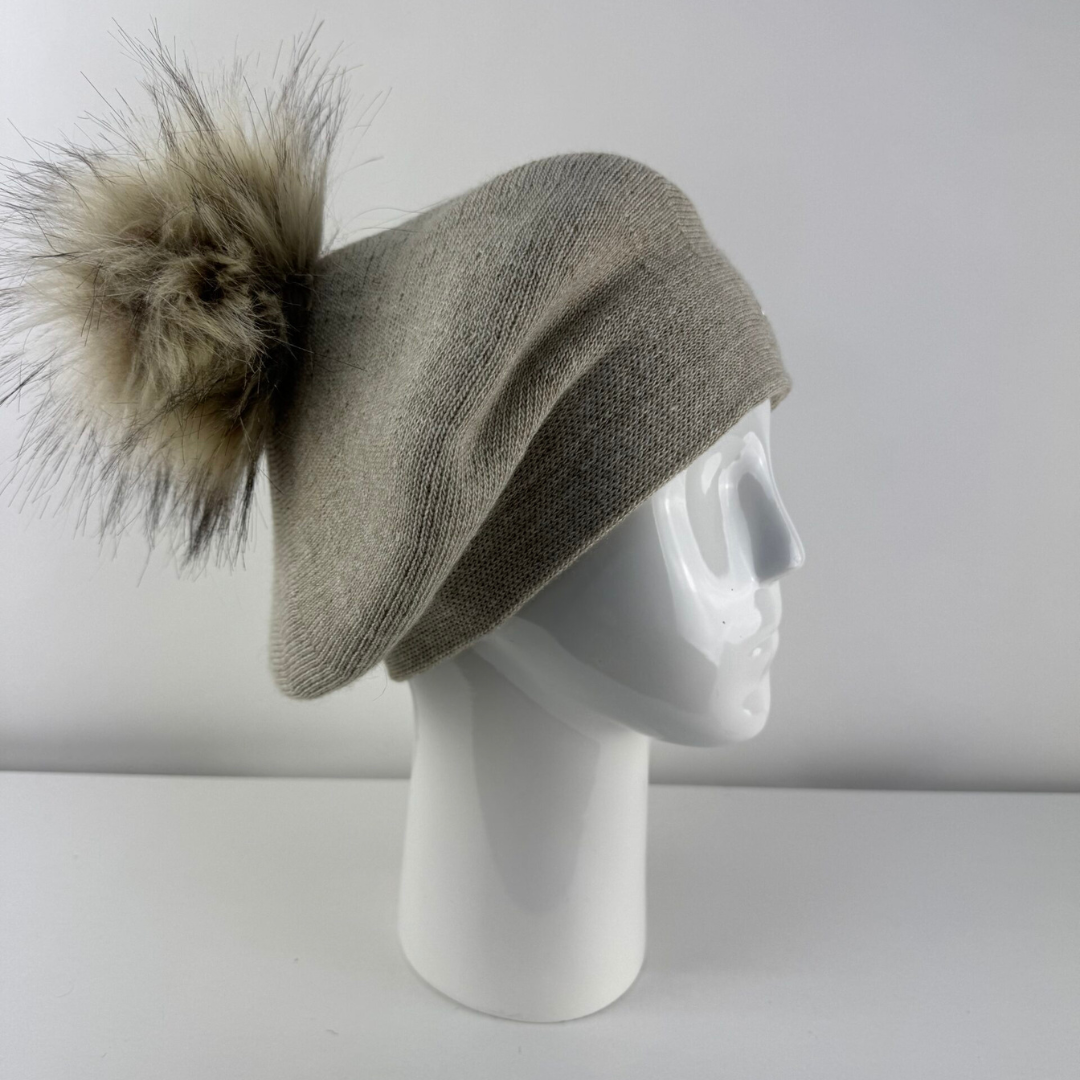 Rabionek Wool Beret With Pom Pom In Taupe