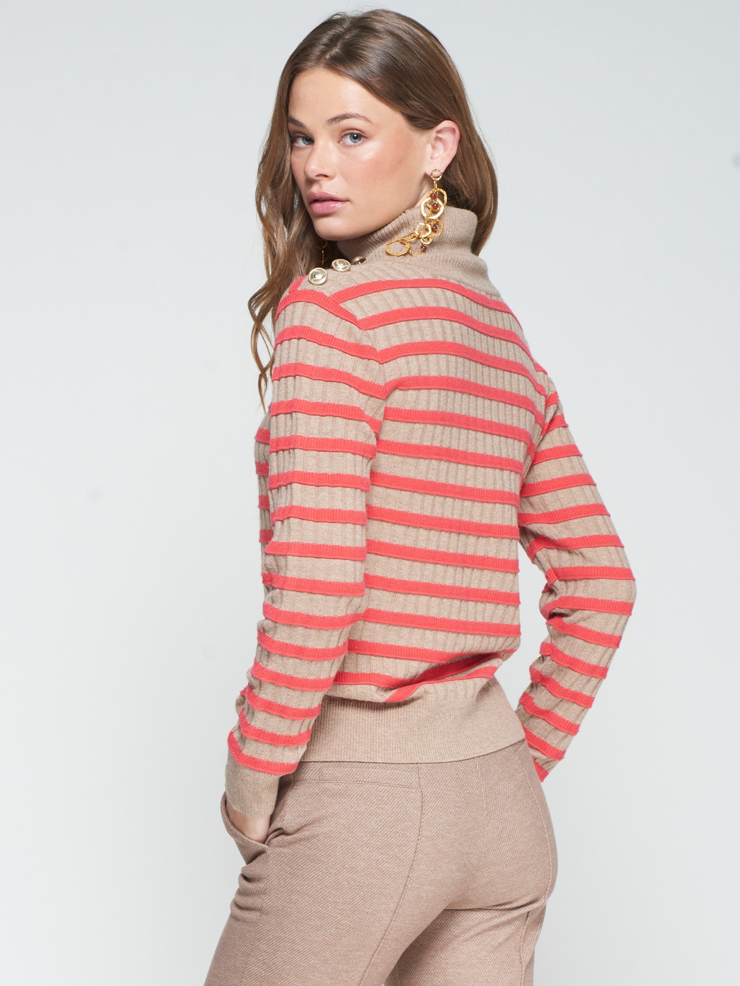 Vilagallo Beige and Red Stripe Sweater With Buttons - Image 3