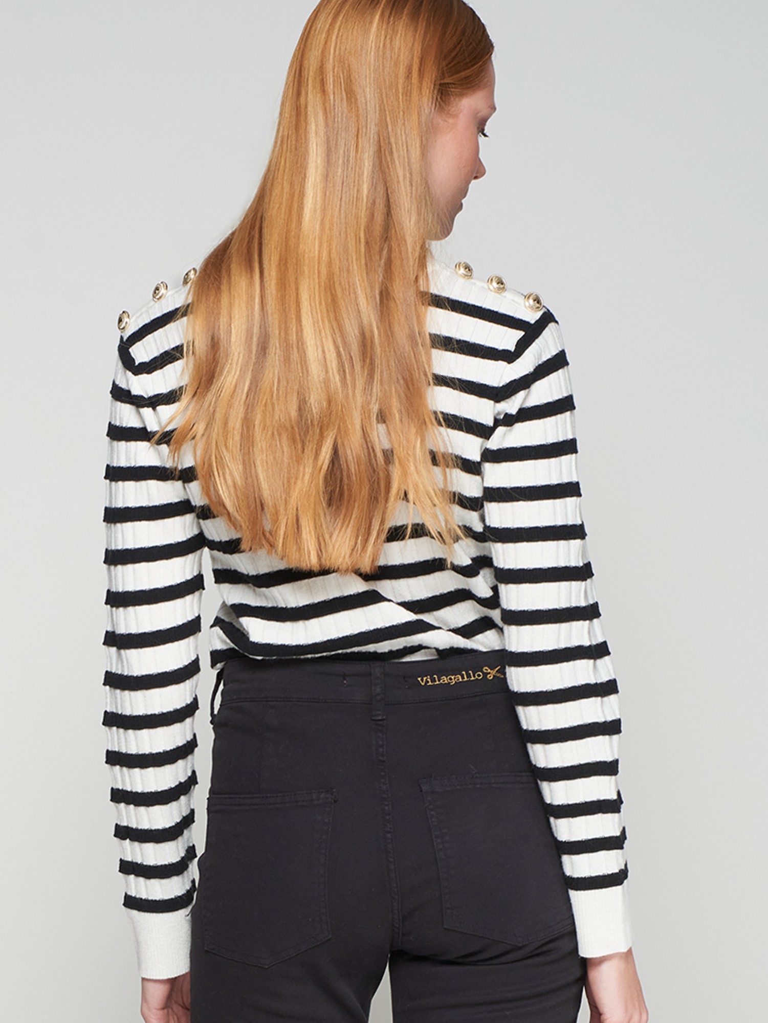 Vilagallo Ecru and Black Stripe Sweater With Buttons - Image 3