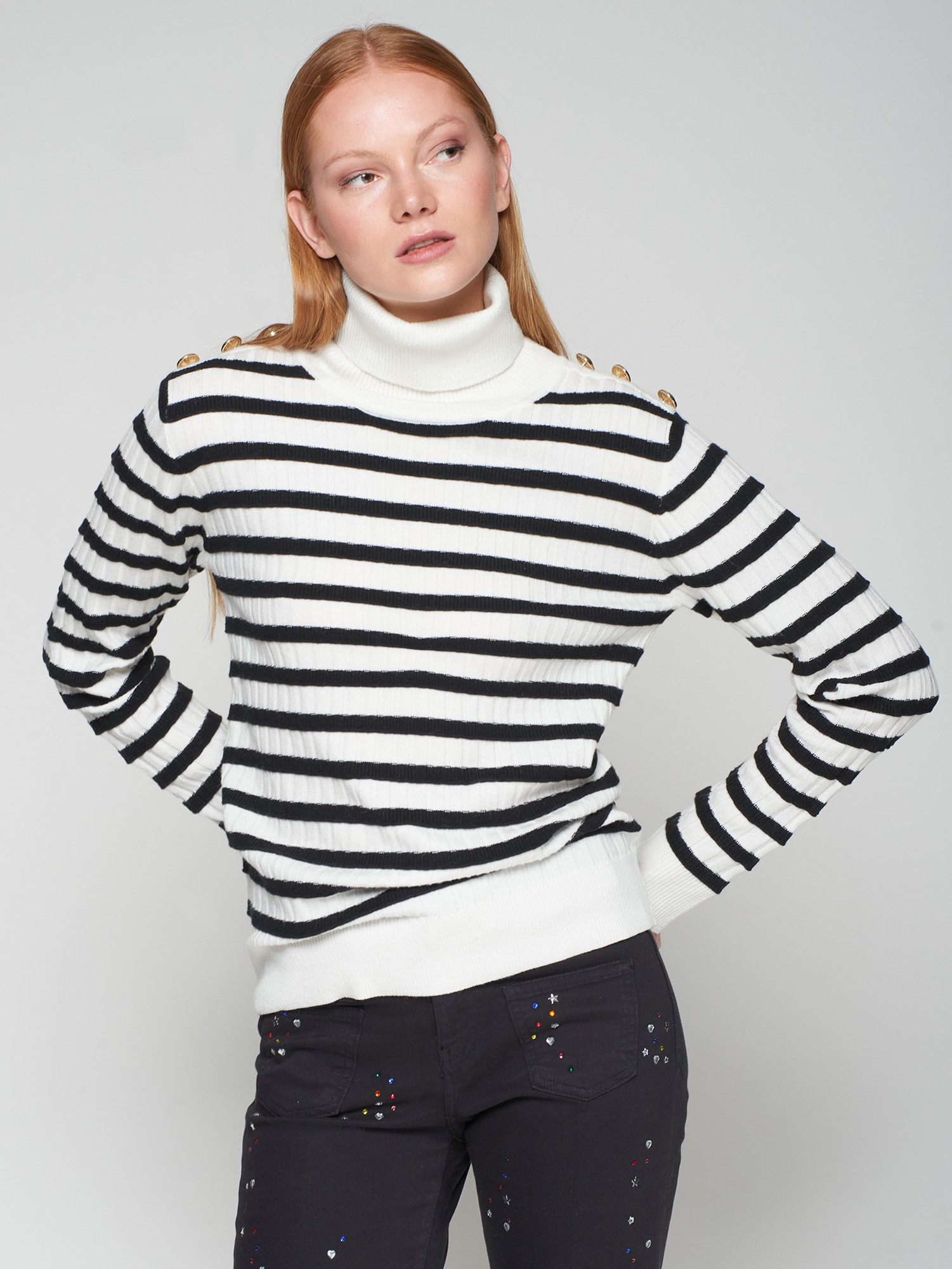Vilagallo Ecru and Black Stripe Sweater With Buttons - Image 2
